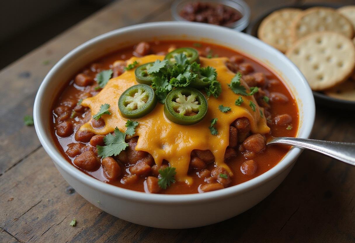 Final presentation of The Good Place Chili and Cheese, a mouthwatering dish full of rich flavors and perfect for sharing.
