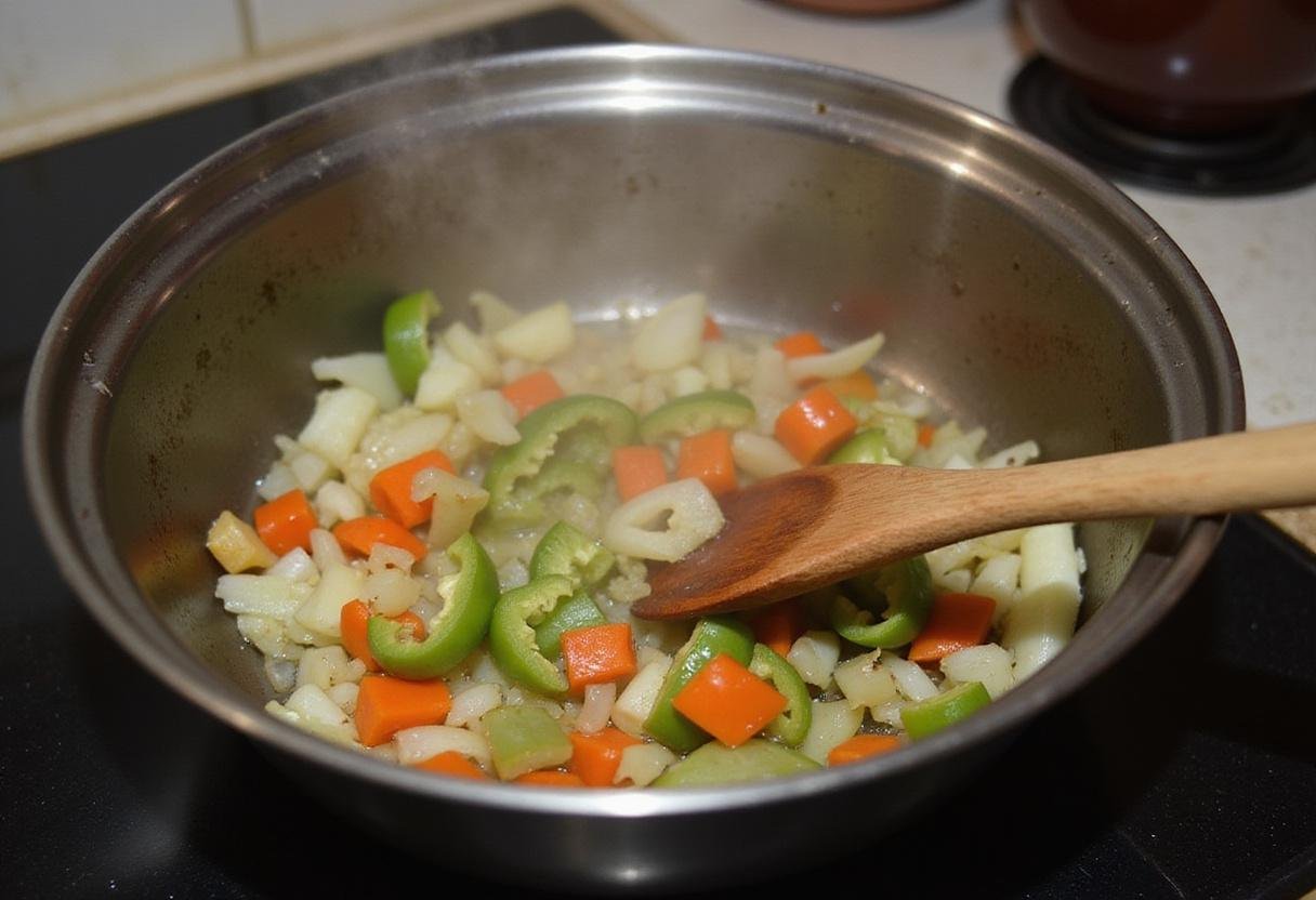 Sautéing onions and bell peppers for The Good Place Chili and Cheese recipe, a vibrant dish bursting with flavor.