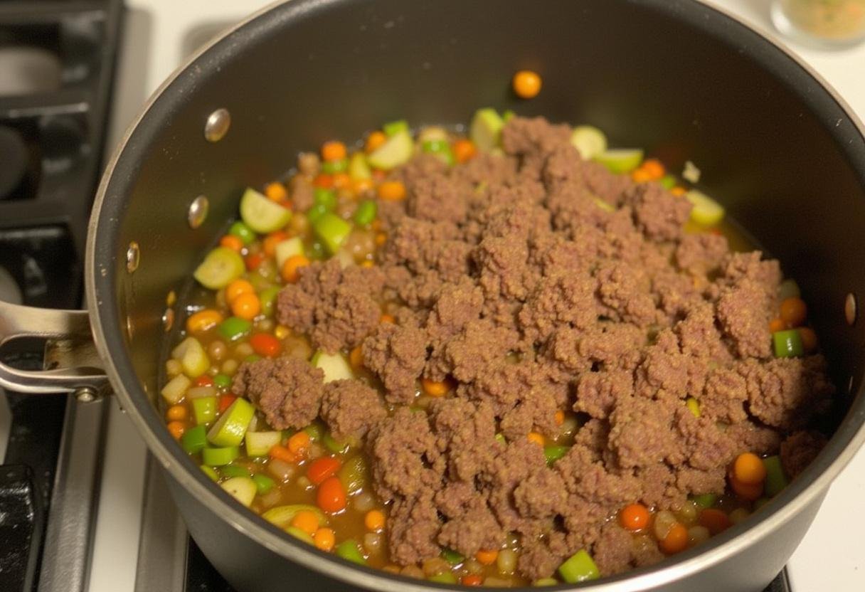Browning ground beef for The Good Place Chili and Cheese, preparing a hearty base for a delicious chili.