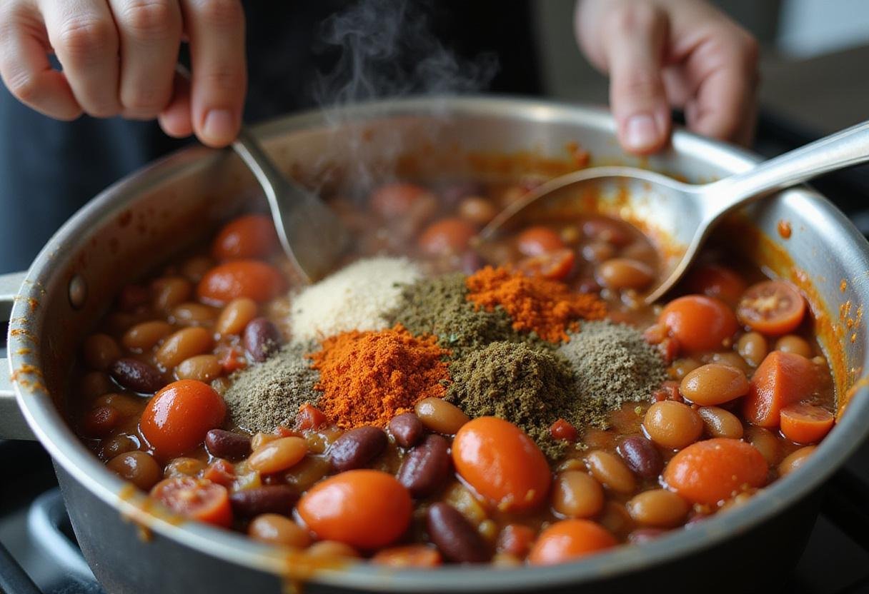 Combining ingredients for The Good Place Chili and Cheese, a perfect mix of spices and beans creating a rich chili base.