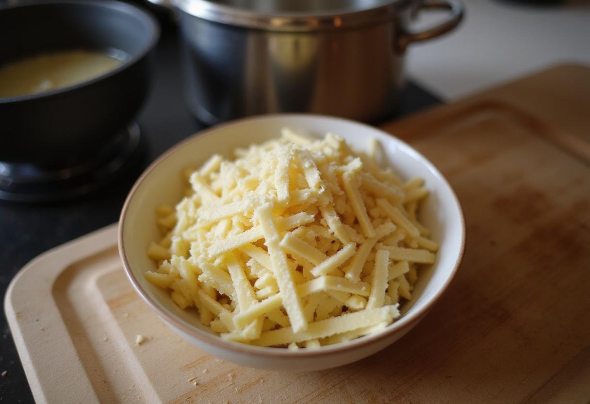 Preparing shredded cheese for The Good Place Chili and Cheese, the final touch to enhance the flavor of this delicious dish.