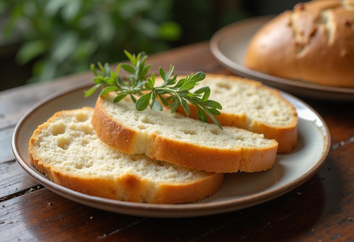 Final presentation of lembas bread served on a rustic plate, showcasing its soft, golden texture in a warm kitchen environment.