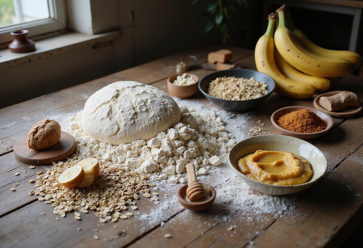 Lembas bread ingredients on a wooden table - flour, oats, mashed bananas, and honey for a rustic Hobbit meal.