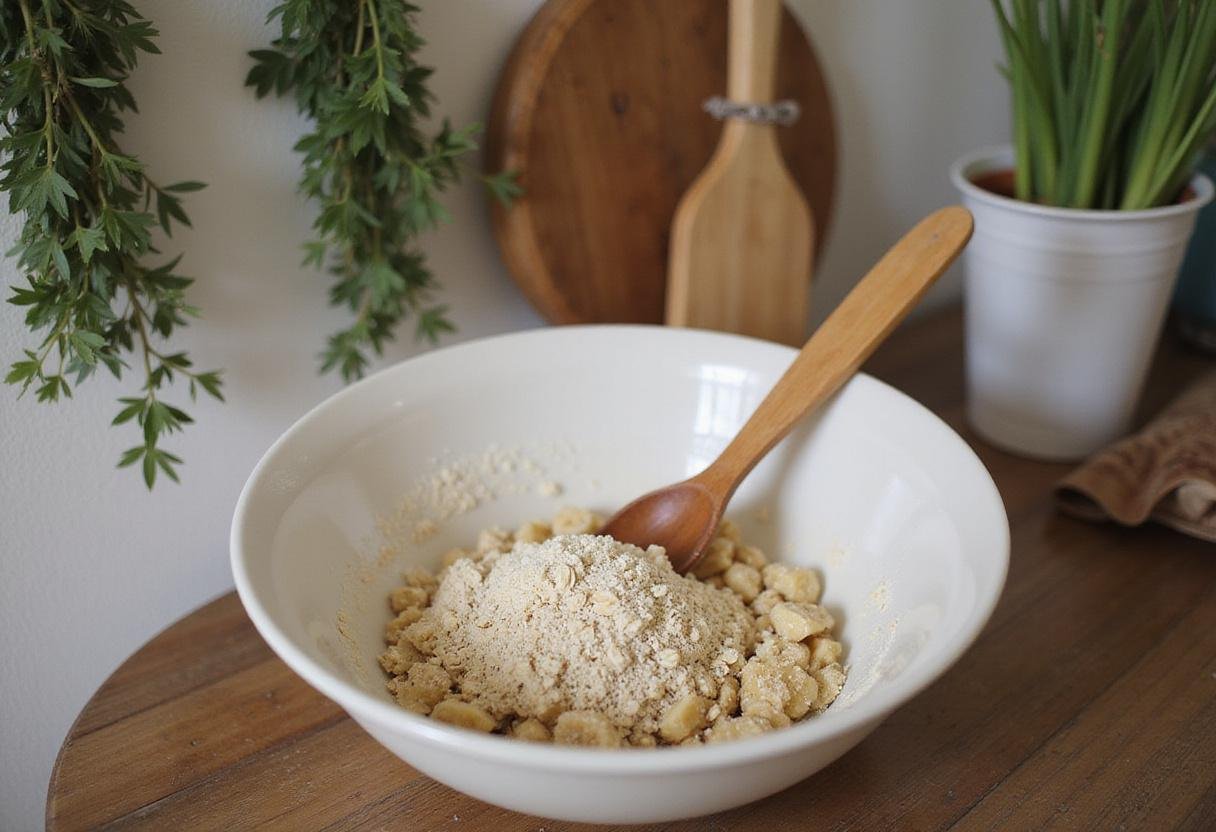 Mixing dough for lembas bread - oats, flour, and bananas coming together in a cozy kitchen setting.