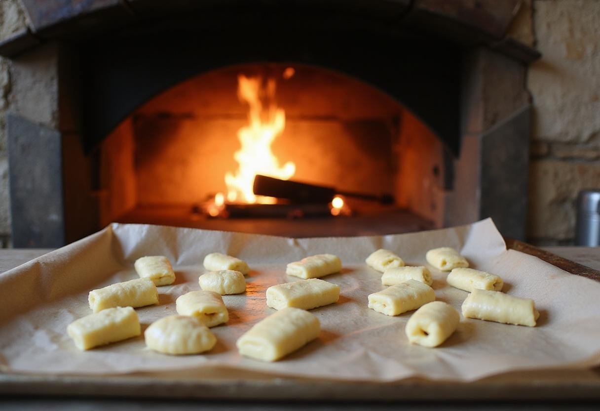 Shaping and placing lembas dough pieces on a baking sheet, preparing for baking in a rustic kitchen with a wood oven.