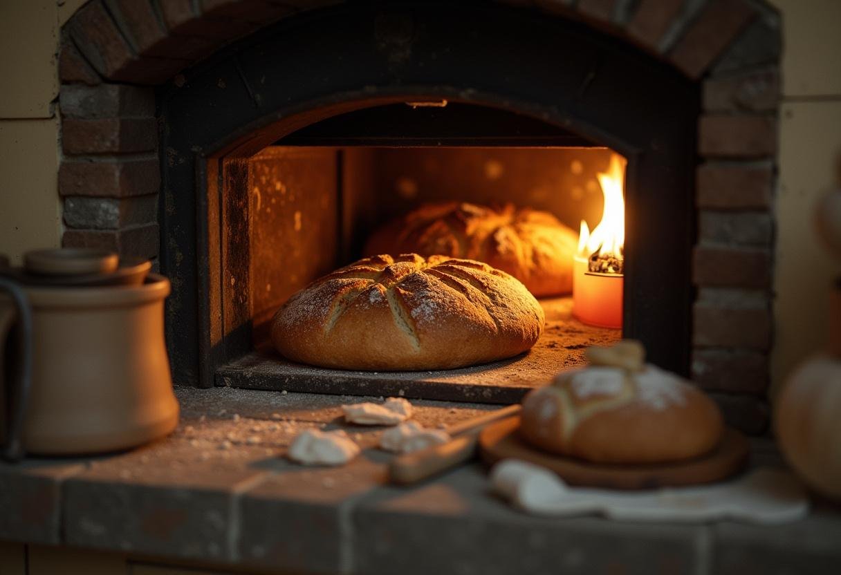 Golden-brown lembas bread freshly baked in a rustic wood-burning oven, capturing the essence of Middle-earth cooking.