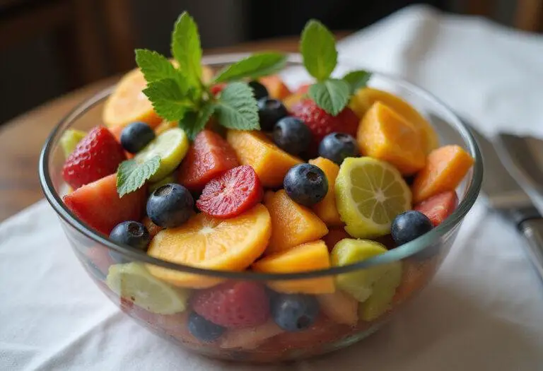 Final presentation of the Mandalorian alien fruit bowl, a colorful and refreshing fruit salad perfect for summer gatherings.