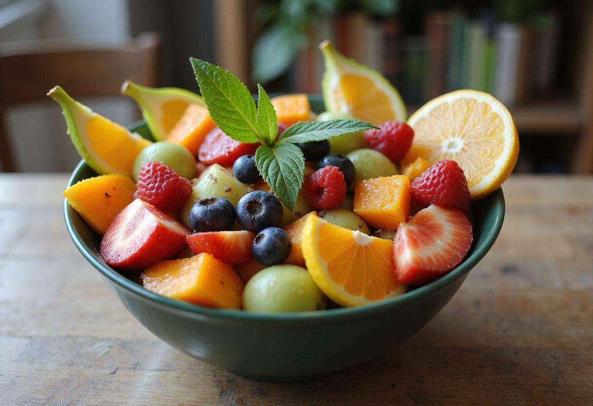 Final presentation of the Mandalorian alien fruit bowl, a colorful and refreshing fruit salad perfect for summer gatherings.