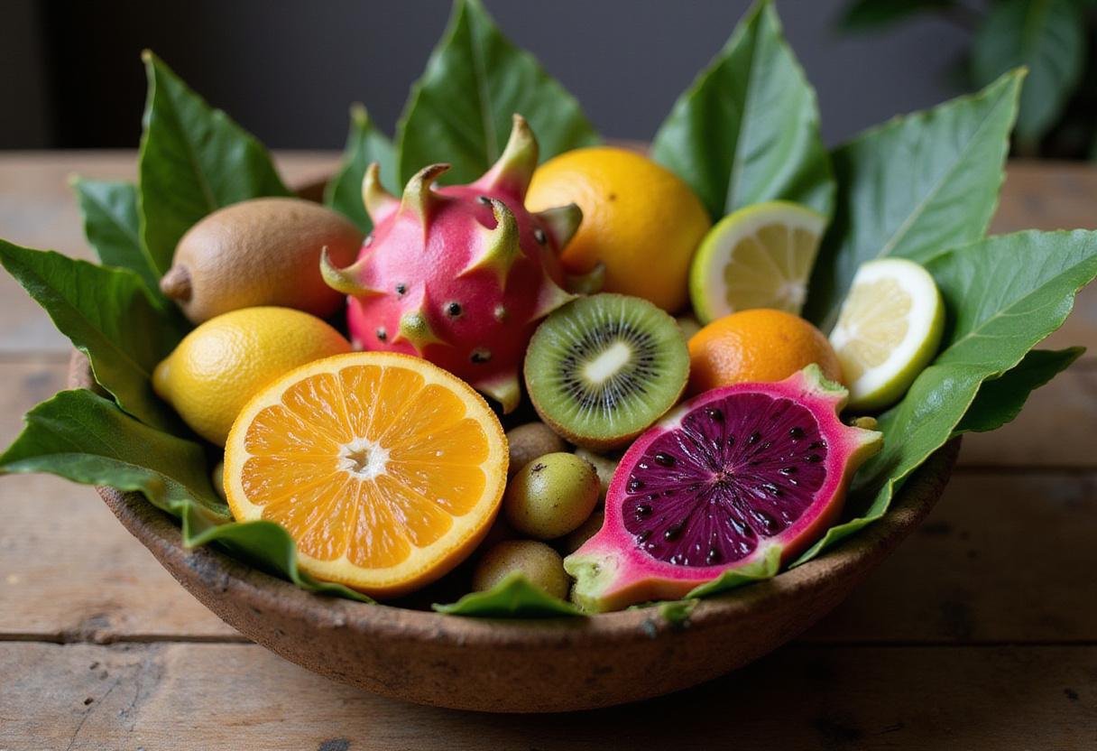 Mandorian alien fruit bowl with exotic fruits including dragon fruit, star fruit, and kiwi presented in a rustic bowl, perfect for vibrant fruit salad.