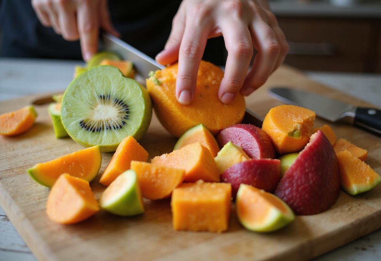 Chopping exotic fruits for a Mandalorian alien fruit bowl, highlighting the colorful fruit textures ideal for a refreshing salad.