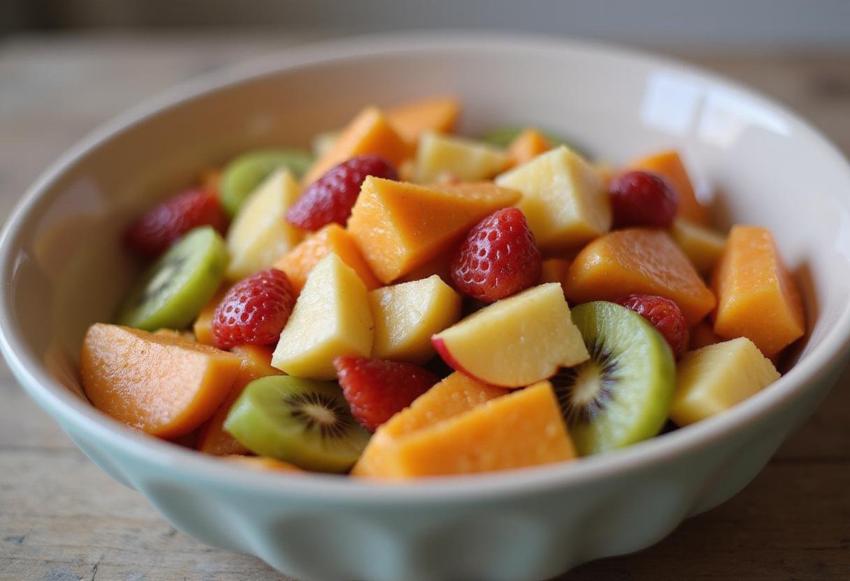 Artfully arranging colorful chopped fruits in a bowl for Mandalorian alien fruit bowl, enhancing the visual appeal of the healthy salad.