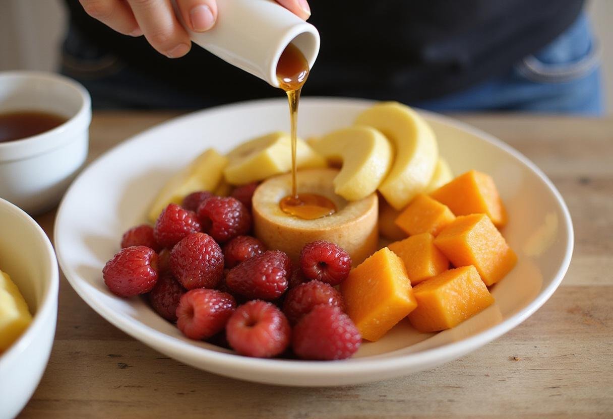 Drizzling honey over a Mandalorian alien fruit bowl, adding a sweet touch to the vibrant fruit salad.