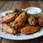 Final presentation of Mandalorian Blaster Wings with sauces and herbs, showcasing a delicious and inviting meal perfect for gatherings.