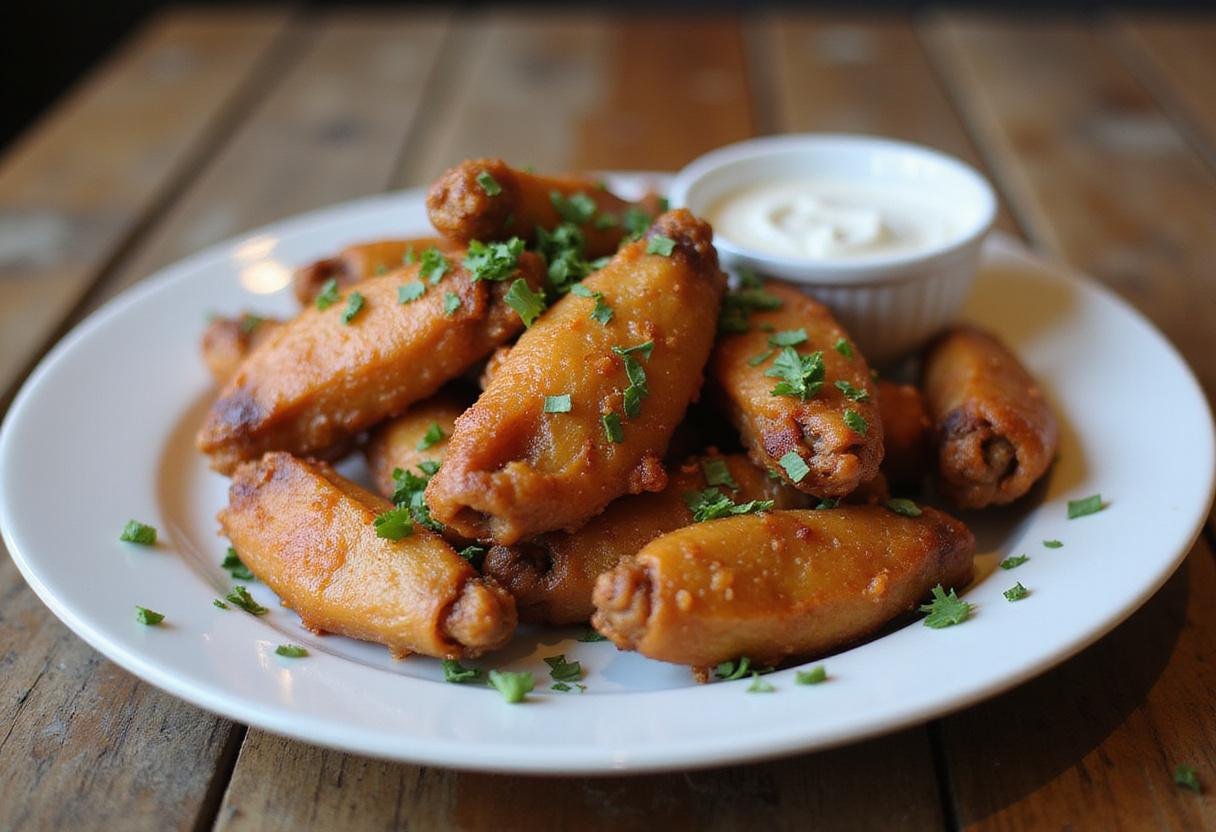 Final presentation of Mandalorian Blaster Wings with sauces and herbs, showcasing a delicious and inviting meal perfect for gatherings.