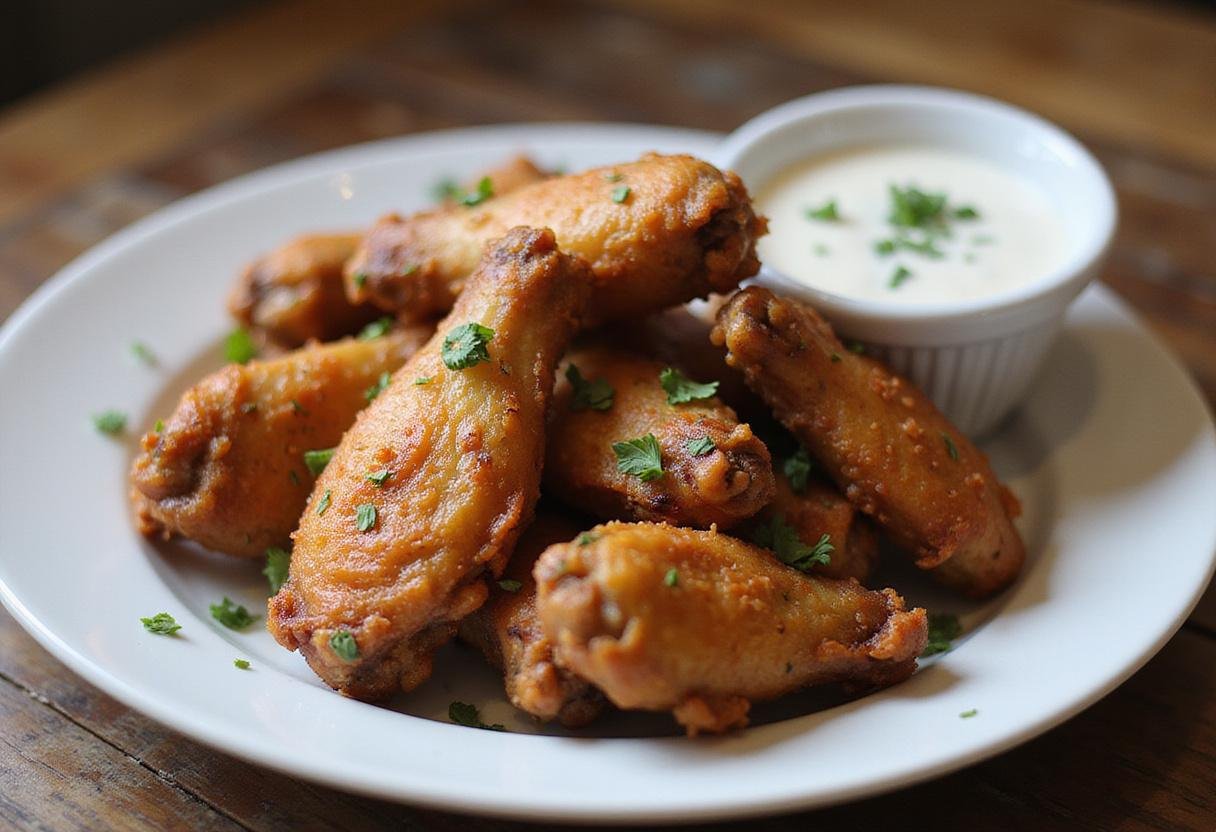 Final presentation of Mandalorian Blaster Wings with sauces and herbs, showcasing a delicious and inviting meal perfect for gatherings.