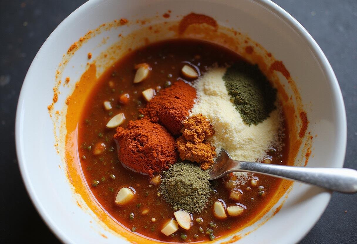 Mixing spices and sauces for The Mandalorian Blaster Wings, highlighting a vibrant blend of flavors in a rustic kitchen setting.