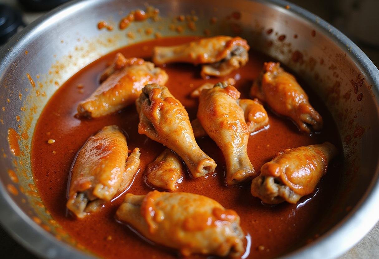 Coating chicken wings with spicy sauce for The Mandalorian Blaster Wings, evoking a sense of bold flavor and excitement in preparation.