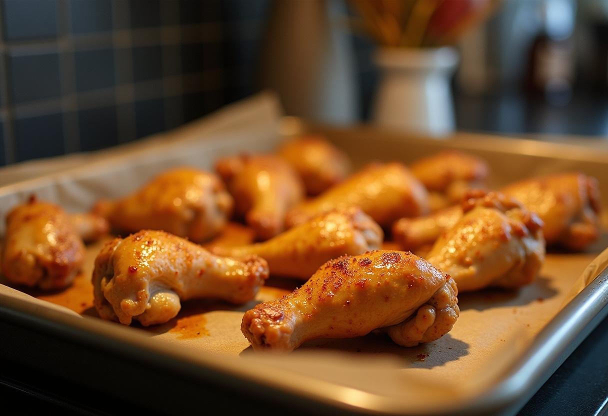 Seasoned chicken wings on a baking tray, prepared for cooking in The Mandalorian Blaster Wings recipe, illustrating a cozy kitchen ambiance.