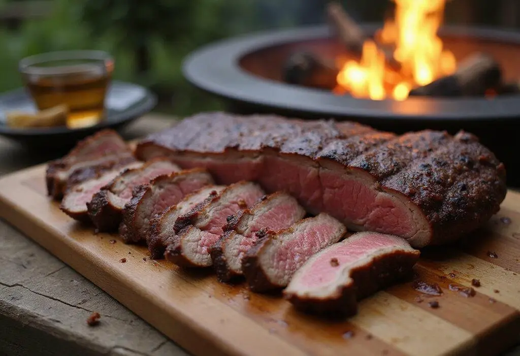 Final display of The Mandalorian Fire Roasted Krayt Meat, highlighting succulent slices and outdoor cooking vibe, perfect for a starry night feast.