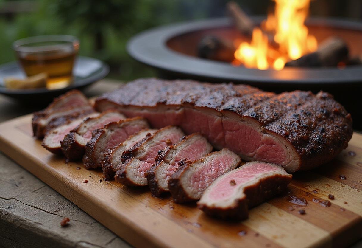 Final display of The Mandalorian Fire Roasted Krayt Meat, highlighting succulent slices and outdoor cooking vibe, perfect for a starry night feast.