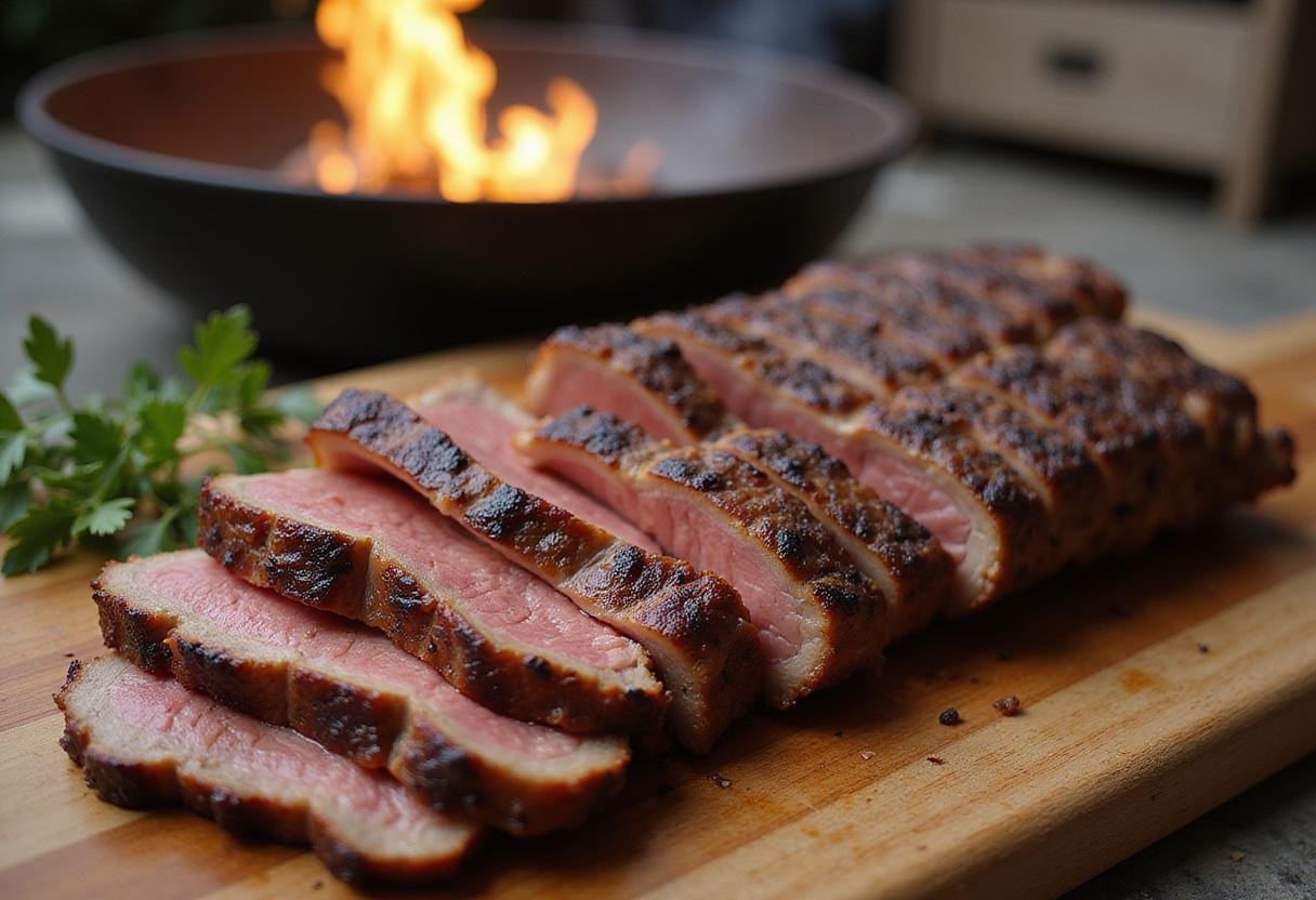 Final display of The Mandalorian Fire Roasted Krayt Meat, highlighting succulent slices and outdoor cooking vibe, perfect for a starry night feast.