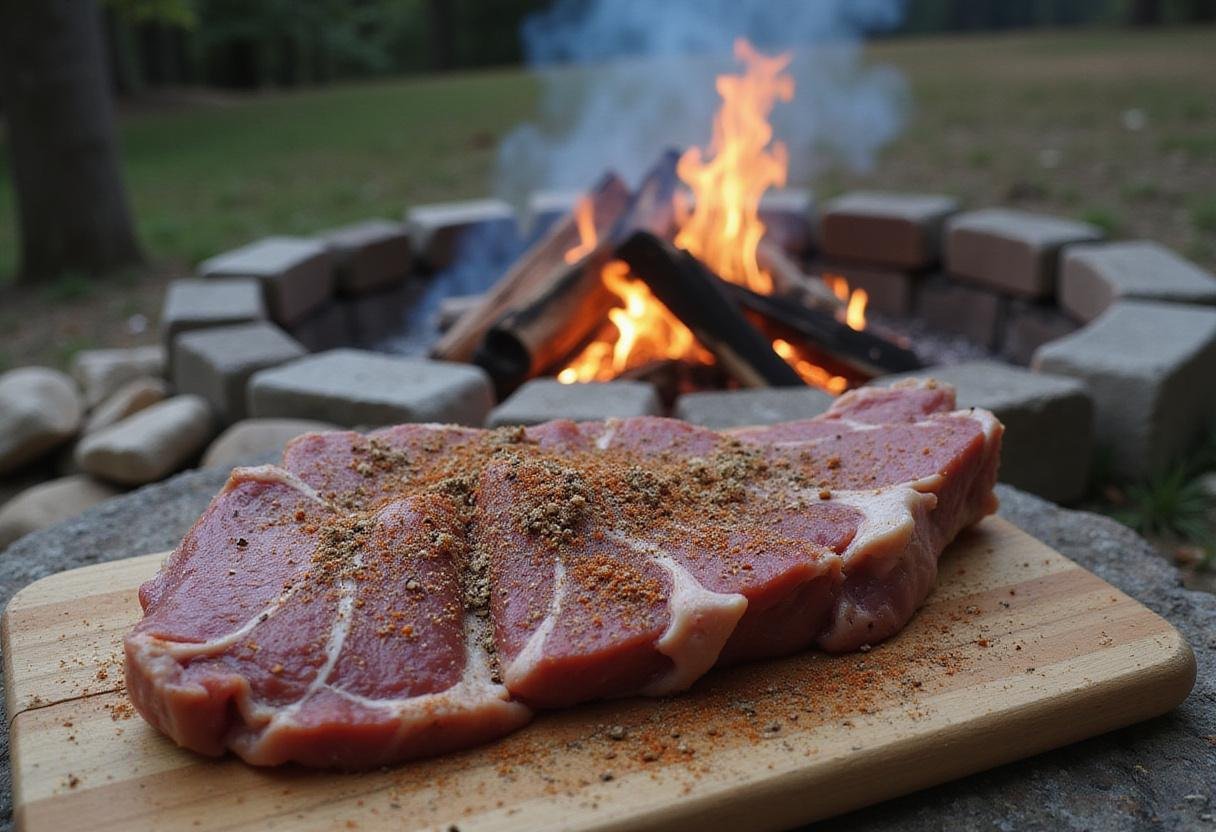 Step to prepare The Mandalorian Fire Roasted Krayt Meat with seasoned meat and outdoor fire pit ambiance.