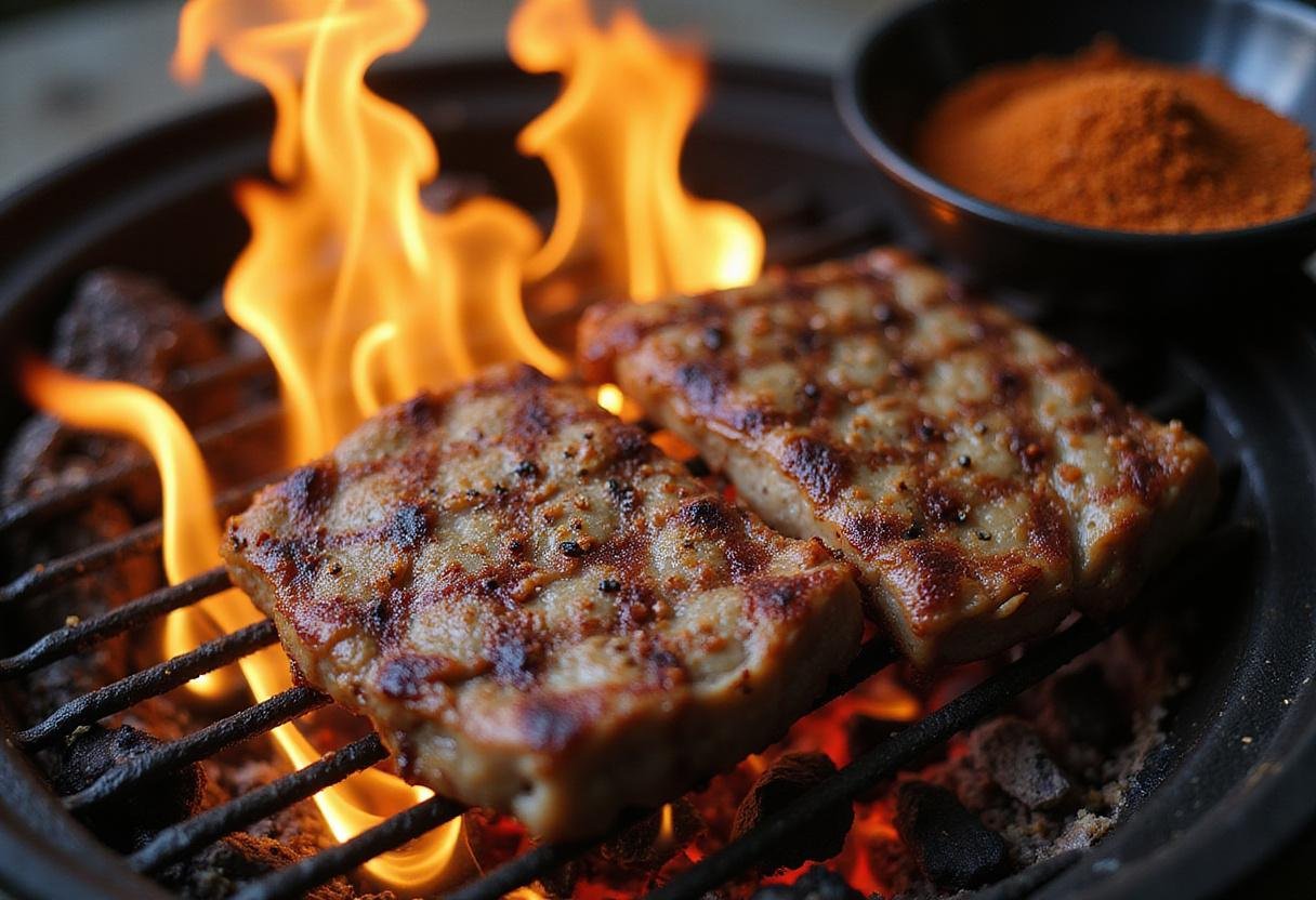 Grilling the Krayt meat over an open fire for The Mandalorian Fire Roasted Krayt Meat, showcasing smoky flavors and grilling process.