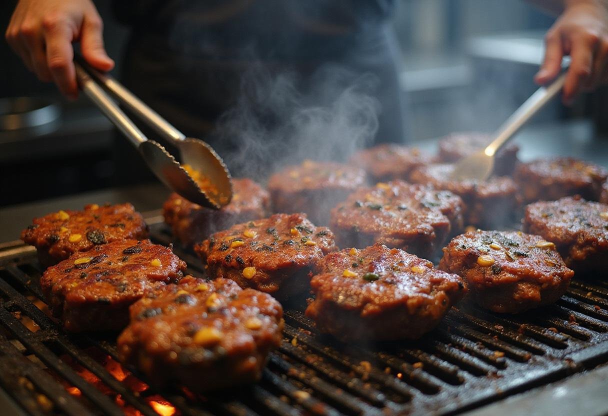Turning the Krayt meat on the grill for The Mandalorian Fire Roasted Krayt Meat, highlighting the cooking process and delicious charred texture.
