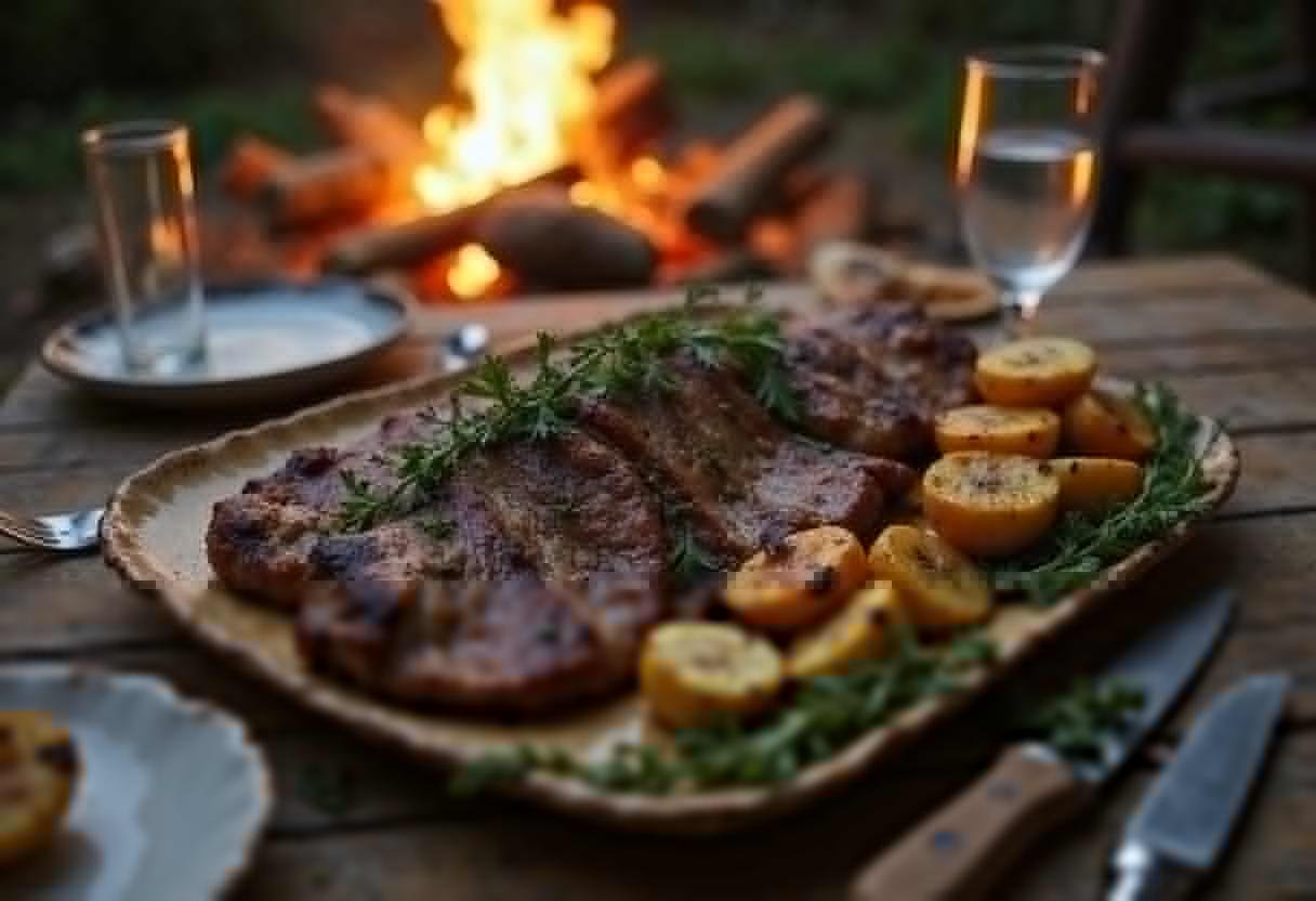 Final preparation of The Mandalorian Fire Roasted Krayt Meat served on a platter with herbs and roasted vegetables, capturing the essence of hearty outdoor dining.
