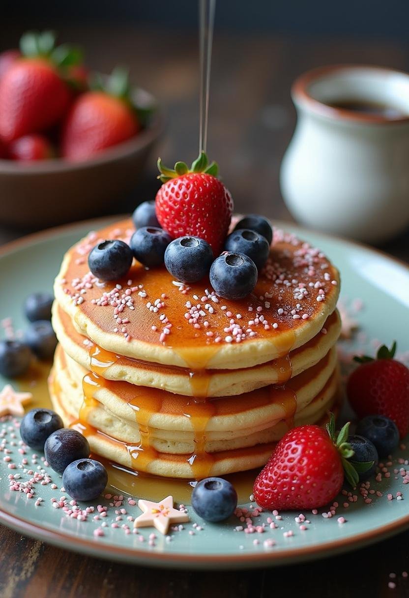 Finished Mandalorian Galaxy Pancakes served with vibrant toppings and garnishes, ready for a delicious breakfast.