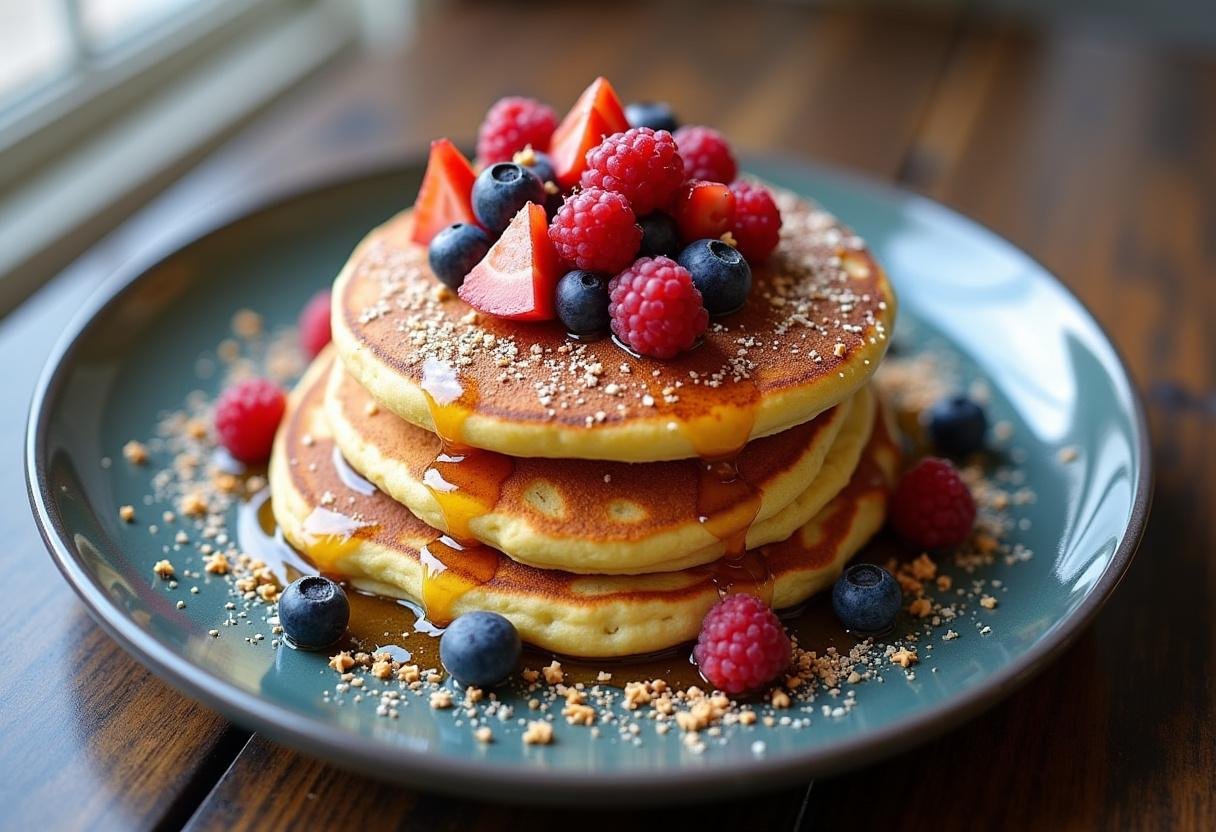 Finished Mandalorian Galaxy Pancakes served with vibrant toppings and garnishes, ready for a delicious breakfast.