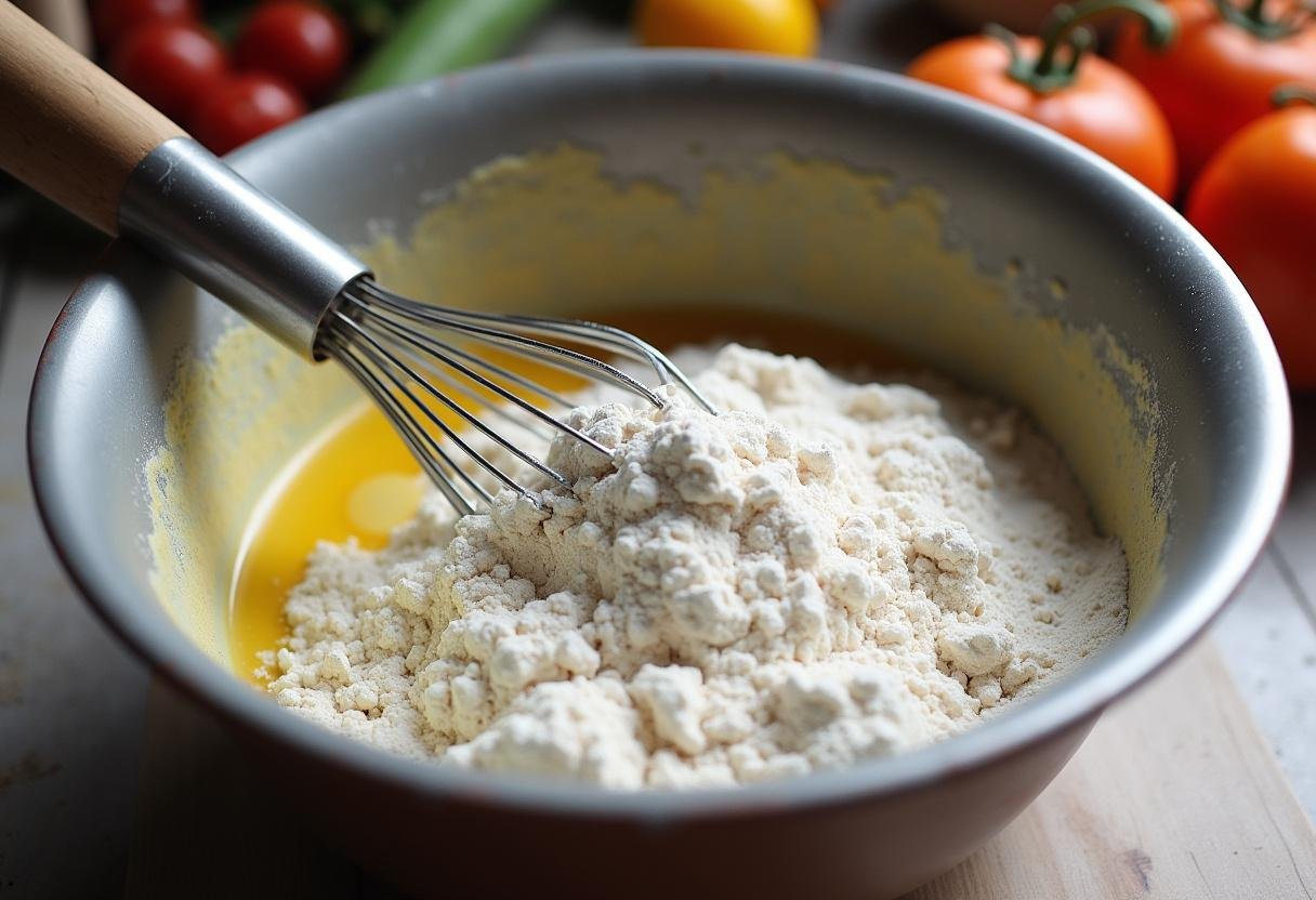 Ingredients for The Mandalorian Galaxy Pancakes measured in a bowl, including flour and sugar.