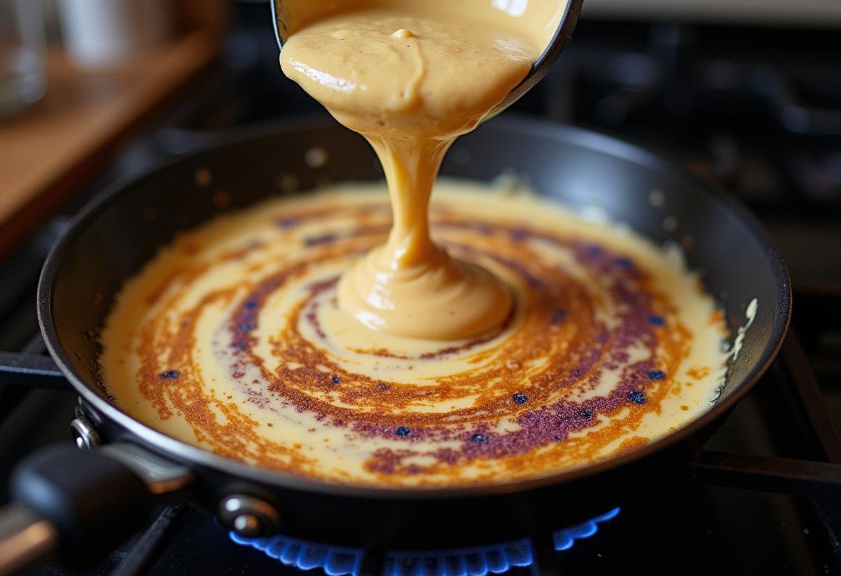 Pouring pancake batter into a skillet to create galaxy-themed pancakes for The Mandalorian.