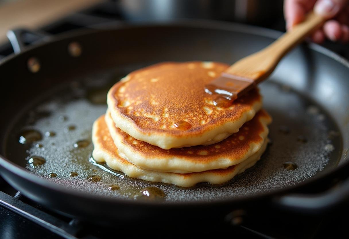 Fluffy galaxy pancakes cooking in a skillet, preparing to be flipped over for The Mandalorian theme.