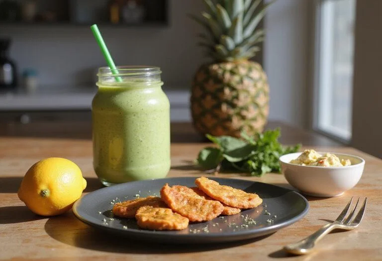 Final display of The Mandalorian Grogu Smoothie alongside healthy snacks, beautifully styled for visual appeal.