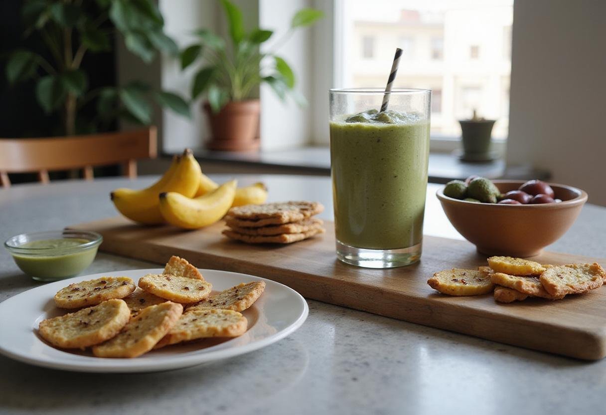 Final display of The Mandalorian Grogu Smoothie alongside healthy snacks, beautifully styled for visual appeal.