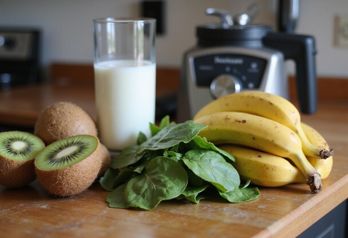 Fresh ingredients for The Mandalorian Grogu Smoothie including bananas, spinach, and kiwi on a kitchen counter.