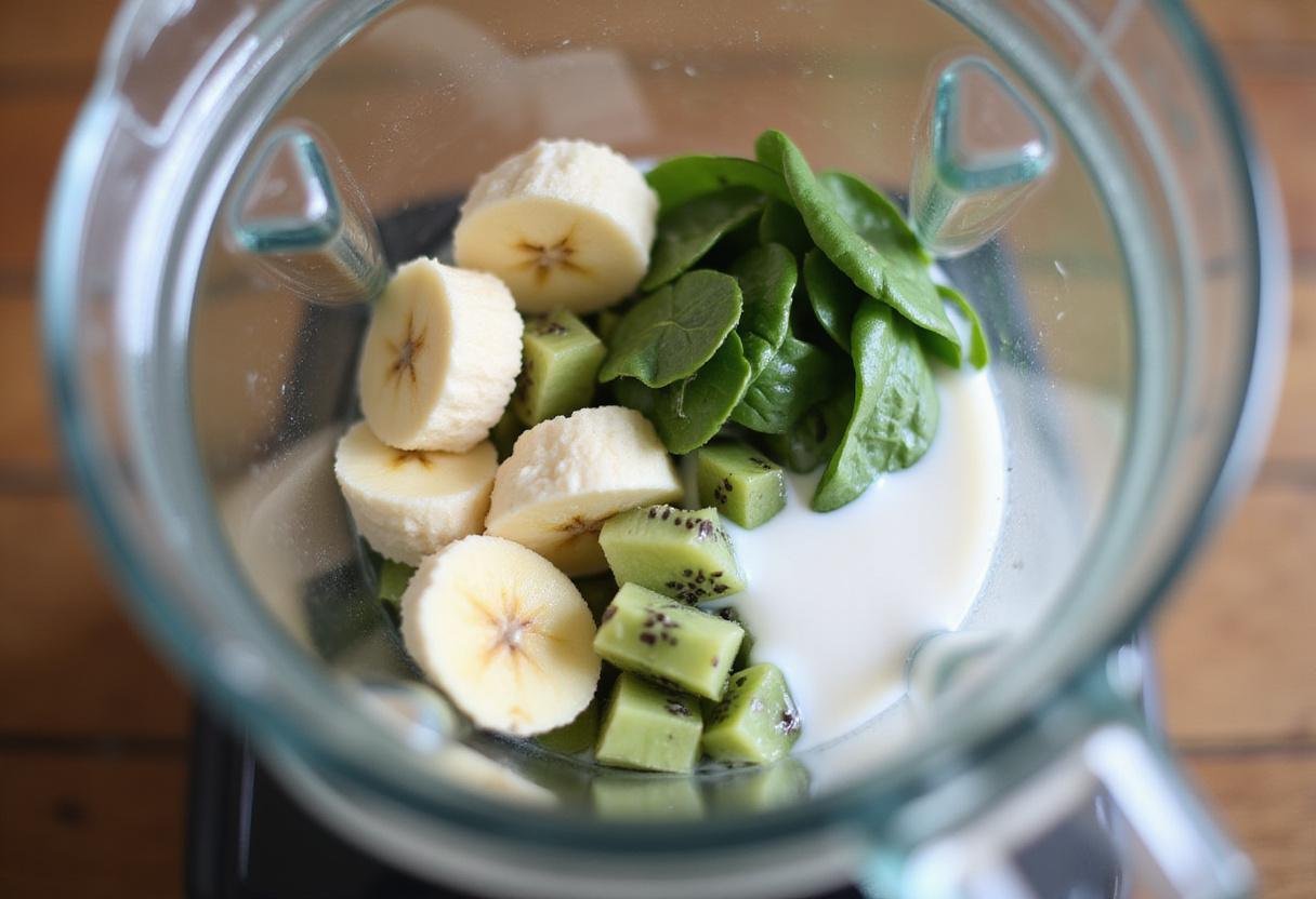 Blender filled with ingredients for Grogu Smoothie ready to mix, highlighting bananas, spinach, and coconut milk.