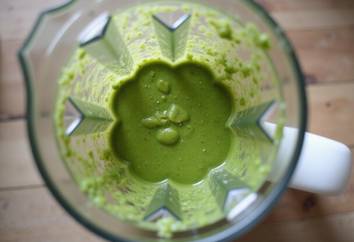 Blending process of The Mandalorian Grogu Smoothie, showing a vibrant green mixture as it blends.