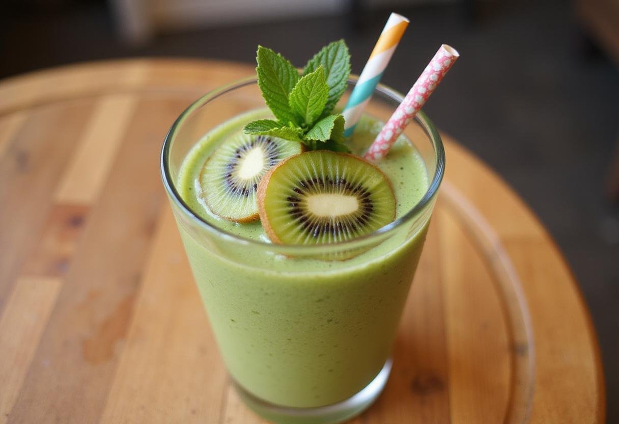 Delicious and vibrant Mandalorian Grogu Smoothie in a glass, garnished with kiwi and mint on a wooden table.