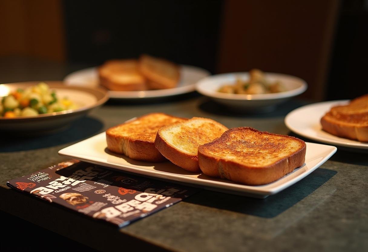 A stunning plate of Mandalorian Tatooine Toast served on a dining table, perfect for a Star Wars-inspired meal.