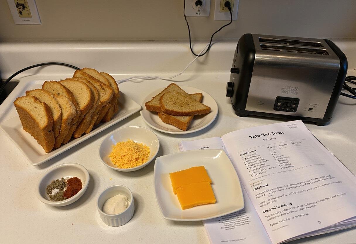 Tatooine Toast ingredients including bread, eggs, and cheese arranged in a clean kitchen, perfect for preparing this unique dish.