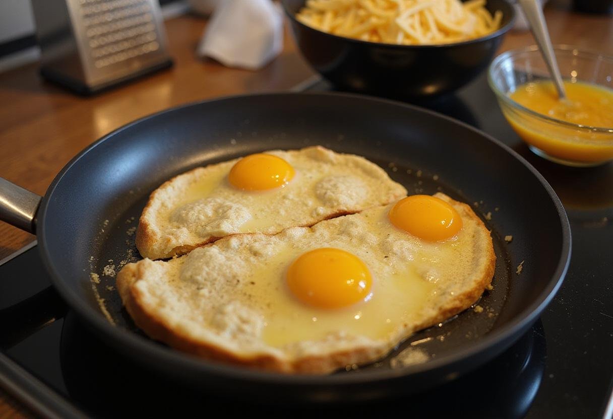 Cooking the perfect Tatooine Toast with whisked eggs and freshly grated cheese in a modern kitchen setting.