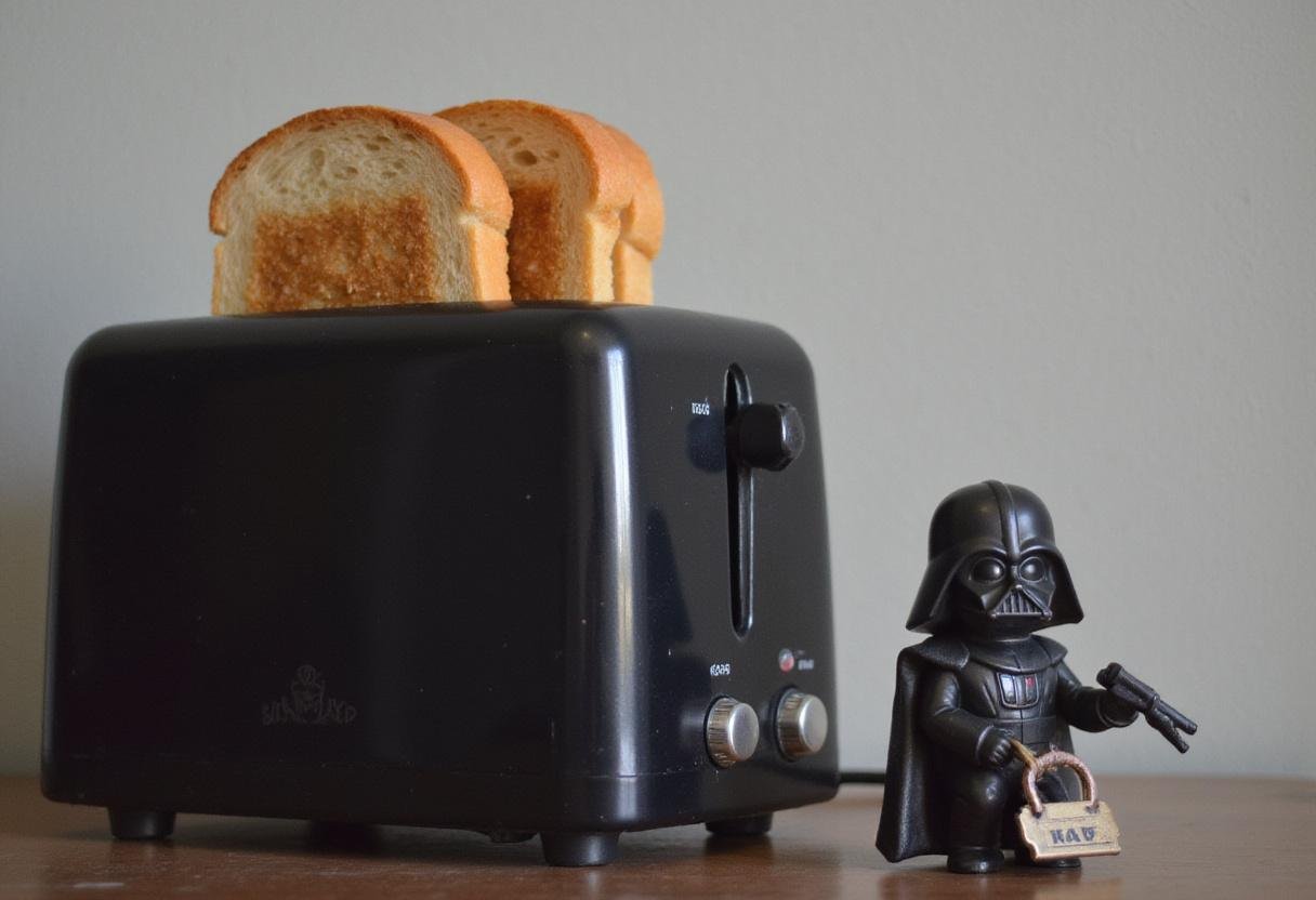 Toasting bread for Tatooine Toast in a cozy kitchen, featuring a countdown timer and Star Wars-themed decor.