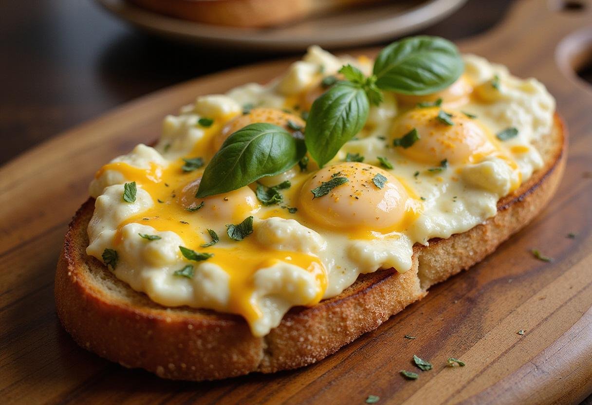 Delicious Mandalorian Tatooine Toast topped with egg and cheese mixture, beautifully presented on a wooden board, ideal for fans of Star Wars cuisine.