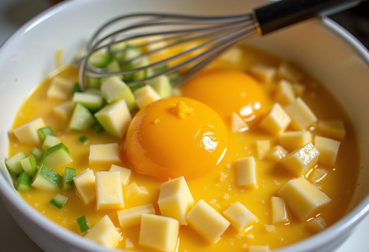 Mixed ingredients for The Mandalorian Thermal Detonator Eggs, highlighting the colorful blend of vegetables and eggs.