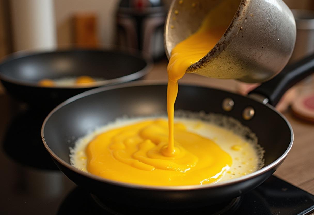 Cooking the egg mixture for Thermal Detonator Eggs in a frying pan, featuring a fun Mandalorian-themed kitchen setup.