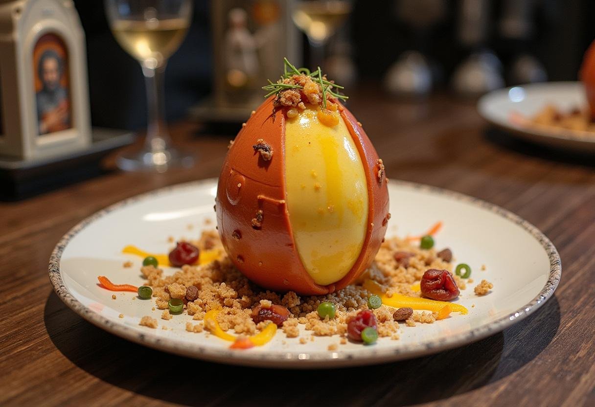 Plated Thermal Detonator Egg, artfully arranged with garnishes, ready to impress Star Wars fans.