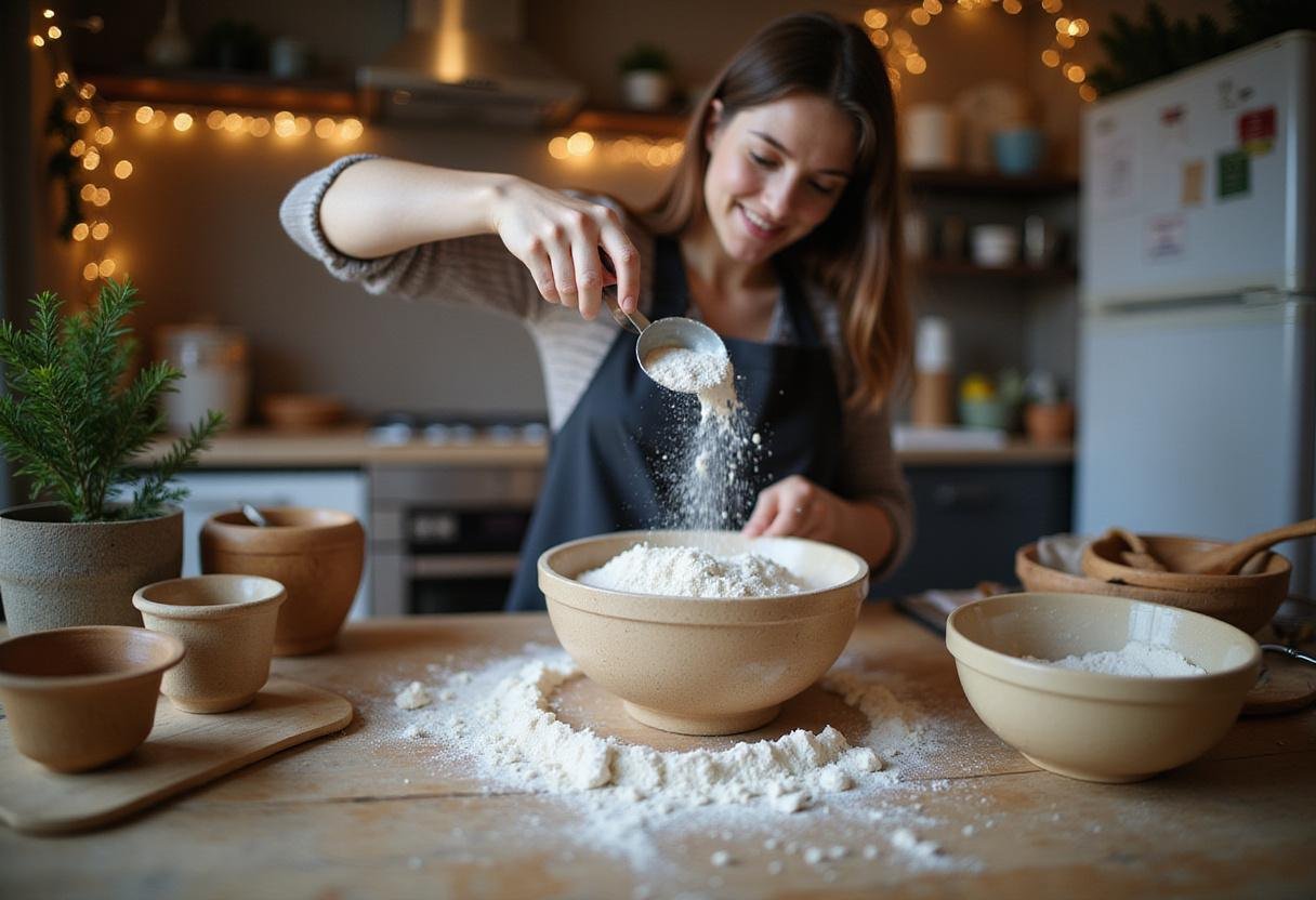 Measuring flour for Angela's Christmas Cookies in a festive kitchen filled with holiday decorations.
