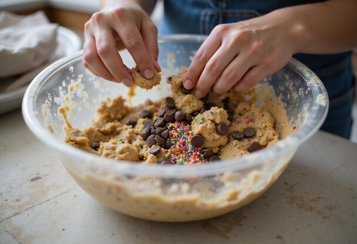Folding chocolate chips and sprinkles into cookie dough for Angela's Christmas Cookies, creating a fun and festive mixture.